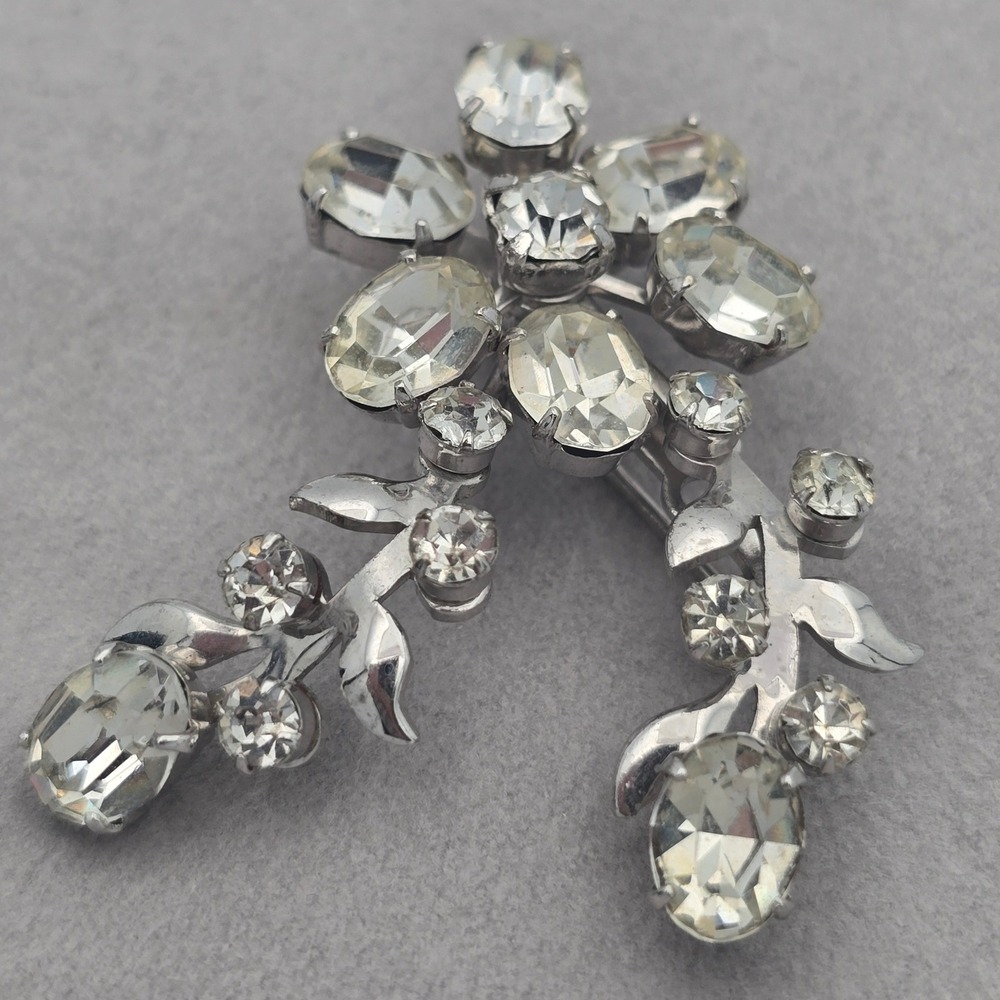 Vintage Silver Tone Clear Rhinestone Floral Spray Brooch Pin 2 Inch
